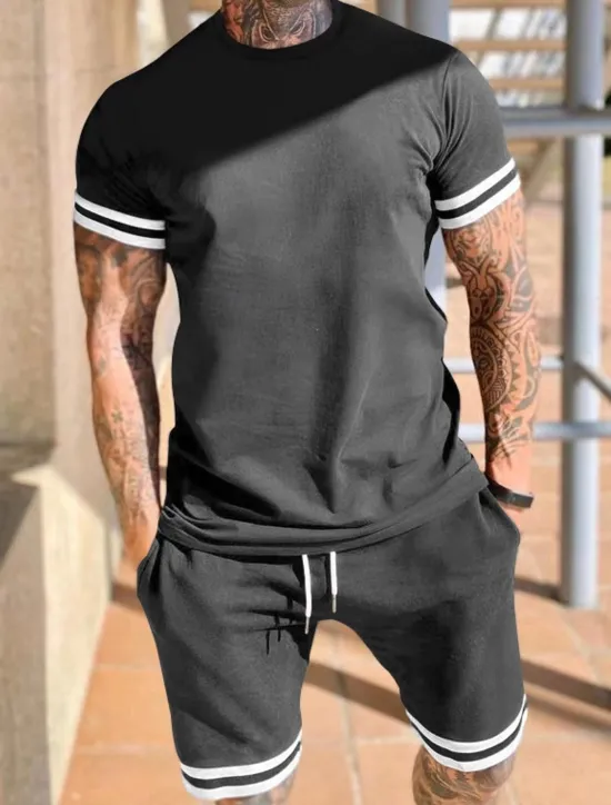 Clearance OUKU Men's Workout Set Tracksuit T shirt & Shorts Set Outfit Set Crew Neck Outdoor Daily Sports Pocket Drawstring 2 Piece Color Block Black Red Light Grey Polyester Activewear Classic Casual Summer