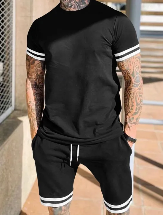 Clearance OUKU Men's Workout Set Tracksuit T shirt & Shorts Set Outfit Set Crew Neck Outdoor Daily Sports Pocket Drawstring 2 Piece Color Block Black Red Light Grey Polyester Activewear Classic Casual Summer