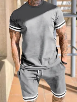 Clearance OUKU Men's Workout Set Tracksuit T shirt & Shorts Set Outfit Set Crew Neck Outdoor Daily Sports Pocket Drawstring 2 Piece Color Block Black Red Light Grey Polyester Activewear Classic Casual Summer