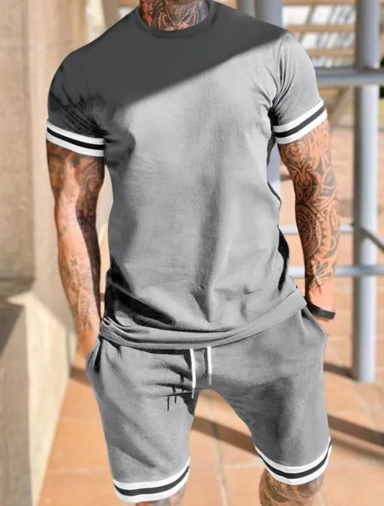 Clearance OUKU Men's Workout Set Tracksuit T shirt & Shorts Set Outfit Set Crew Neck Outdoor Daily Sports Pocket Drawstring 2 Piece Color Block Black Red Light Grey Polyester Activewear Classic Casual Summer