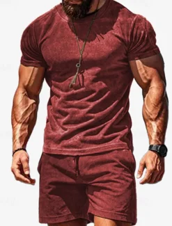 Sale OUKU Men's Workout Set Tracksuit T shirt & Shorts Set Outfit Set Crew Neck Outdoor Daily Sports Pocket Drawstring 2 Piece Solid Color Wine Red Royal Blue Green Polyester Activewear Classic Casual Summer
