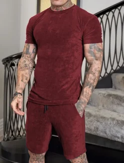 Sale OUKU Men's Workout Set Tracksuit T shirt & Shorts Set Outfit Set Crew Neck Outdoor Daily Sports Pocket Drawstring 2 Piece Solid Color Wine Red Royal Blue Green Polyester Activewear Classic Casual Summer