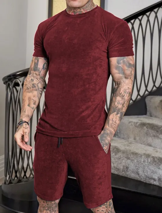 Sale OUKU Men's Workout Set Tracksuit T shirt & Shorts Set Outfit Set Crew Neck Outdoor Daily Sports Pocket Drawstring 2 Piece Solid Color Wine Red Royal Blue Green Polyester Activewear Classic Casual Summer