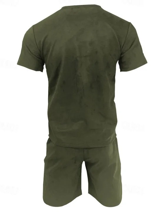 Sale OUKU Men's Workout Set Tracksuit T shirt & Shorts Set Outfit Set Crew Neck Outdoor Daily Sports Pocket Drawstring 2 Piece Solid Color Wine Red Royal Blue Green Polyester Activewear Classic Casual Summer
