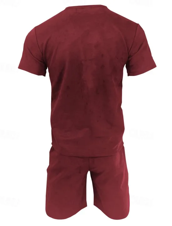 Sale OUKU Men's Workout Set Tracksuit T shirt & Shorts Set Outfit Set Crew Neck Outdoor Daily Sports Pocket Drawstring 2 Piece Solid Color Wine Red Royal Blue Green Polyester Activewear Classic Casual Summer