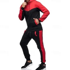 Outlet OUKU Men's Workout Set Tracksuit Full Zip Hoodie Hoodie & Pants Outfit Set Hoodie Hooded Outdoor Daily Sports Pocket Drawstring 2 Piece Color Block Black White Red Polyester Activewear Classic Casual