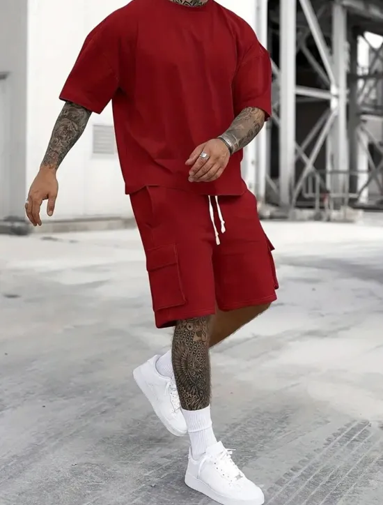 Hot OUKU Men's Workout Set Tracksuit T shirt & Shorts Set Outfit Set Crew Neck Outdoor Daily Sports Pocket Drawstring 2 Piece Plain Black Red Green Polyester Activewear Classic Casual Summer