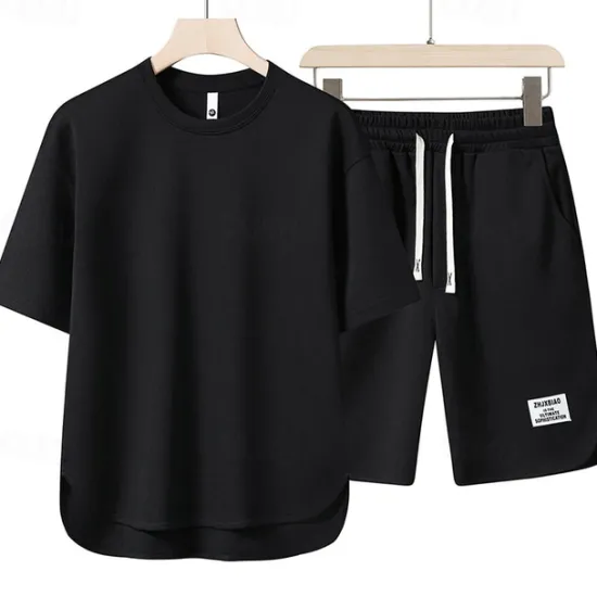 Outlet OUKU Men's Workout Set Tracksuit T shirt & Shorts Set Outfit Set Crew Neck Outdoor Daily Sports Pocket Drawstring 2 Piece Plain Black White Red Polyester Activewear Classic Casual Summer