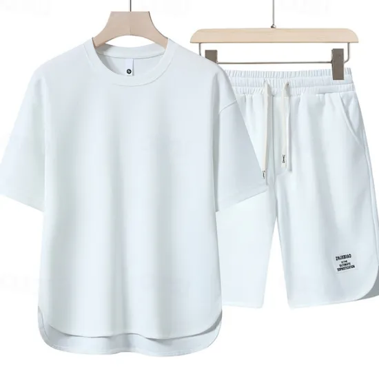 Outlet OUKU Men's Workout Set Tracksuit T shirt & Shorts Set Outfit Set Crew Neck Outdoor Daily Sports Pocket Drawstring 2 Piece Plain Black White Red Polyester Activewear Classic Casual Summer