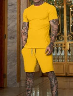 New OUKU Men's Workout Set Tracksuit T shirt & Shorts Set Outfit Set Crew Neck Outdoor Daily Sports Pocket Drawstring 2 Piece Plain Black White Yellow Polyester Activewear Classic Casual Summer