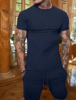 New OUKU Men's Workout Set Tracksuit T shirt & Shorts Set Outfit Set Crew Neck Outdoor Daily Sports Pocket Drawstring 2 Piece Plain Black White Yellow Polyester Activewear Classic Casual Summer