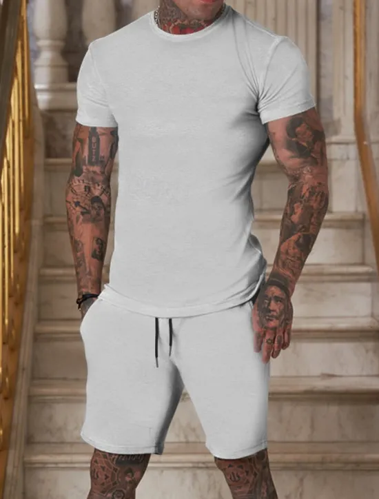 New OUKU Men's Workout Set Tracksuit T shirt & Shorts Set Outfit Set Crew Neck Outdoor Daily Sports Pocket Drawstring 2 Piece Plain Black White Yellow Polyester Activewear Classic Casual Summer