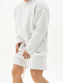 OUKU Men's Workout Set Tracksuit Sweatshirt & Shorts Set Outfit Set Crew Neck Outdoor Daily Sports Pocket Drawstring 2 Piece Plain Black White Khaki Activewear Classic Casual Summer