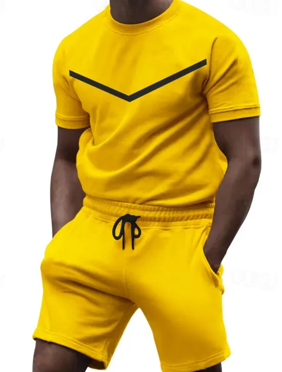 Sale OUKU Men's Workout Set Tracksuit T shirt & Shorts Set Crew Neck Outdoor Daily Sports Pocket Drawstring 2 Piece Color Block Black White Yellow Polyester Activewear Classic Casual Summer