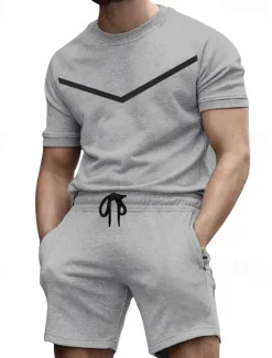 Sale OUKU Men's Workout Set Tracksuit T shirt & Shorts Set Crew Neck Outdoor Daily Sports Pocket Drawstring 2 Piece Color Block Black White Yellow Polyester Activewear Classic Casual Summer