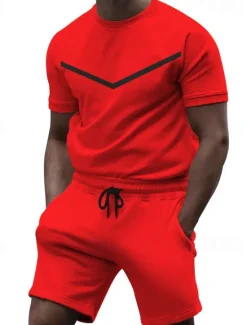 Sale OUKU Men's Workout Set Tracksuit T shirt & Shorts Set Crew Neck Outdoor Daily Sports Pocket Drawstring 2 Piece Color Block Black White Yellow Polyester Activewear Classic Casual Summer