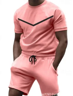 Sale OUKU Men's Workout Set Tracksuit T shirt & Shorts Set Crew Neck Outdoor Daily Sports Pocket Drawstring 2 Piece Color Block Black White Yellow Polyester Activewear Classic Casual Summer