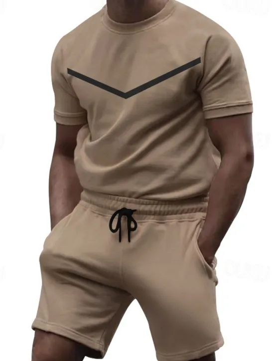 Sale OUKU Men's Workout Set Tracksuit T shirt & Shorts Set Crew Neck Outdoor Daily Sports Pocket Drawstring 2 Piece Color Block Black White Yellow Polyester Activewear Classic Casual Summer
