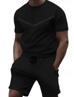 Sale OUKU Men's Workout Set Tracksuit T shirt & Shorts Set Crew Neck Outdoor Daily Sports Pocket Drawstring 2 Piece Color Block Black White Yellow Polyester Activewear Classic Casual Summer