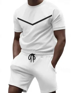 Sale OUKU Men's Workout Set Tracksuit T shirt & Shorts Set Crew Neck Outdoor Daily Sports Pocket Drawstring 2 Piece Color Block Black White Yellow Polyester Activewear Classic Casual Summer