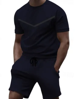 Sale OUKU Men's Workout Set Tracksuit T shirt & Shorts Set Crew Neck Outdoor Daily Sports Pocket Drawstring 2 Piece Color Block Black White Yellow Polyester Activewear Classic Casual Summer