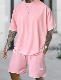 Best OUKU Men's Workout Set Tracksuit T shirt & Shorts Set Outfit Set Crew Neck Outdoor Daily Sports Pocket Drawstring 2 Piece Plain Light Green Pink Red Polyester Activewear Classic Casual Summer