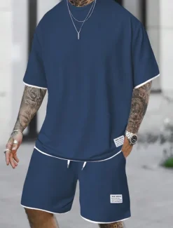Best OUKU Men's Workout Set Tracksuit T shirt & Shorts Set Outfit Set Crew Neck Outdoor Daily Sports Pocket Drawstring 2 Piece Plain Light Green Pink Red Polyester Activewear Classic Casual Summer