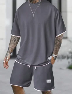 Best OUKU Men's Workout Set Tracksuit T shirt & Shorts Set Outfit Set Crew Neck Outdoor Daily Sports Pocket Drawstring 2 Piece Plain Light Green Pink Red Polyester Activewear Classic Casual Summer
