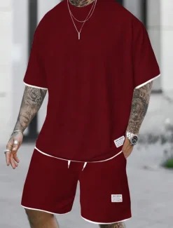 Best OUKU Men's Workout Set Tracksuit T shirt & Shorts Set Outfit Set Crew Neck Outdoor Daily Sports Pocket Drawstring 2 Piece Plain Light Green Pink Red Polyester Activewear Classic Casual Summer