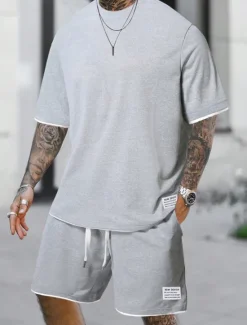 Best OUKU Men's Workout Set Tracksuit T shirt & Shorts Set Outfit Set Crew Neck Outdoor Daily Sports Pocket Drawstring 2 Piece Plain Light Green Pink Red Polyester Activewear Classic Casual Summer