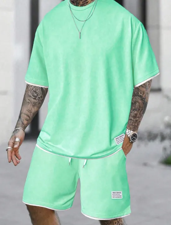 Best OUKU Men's Workout Set Tracksuit T shirt & Shorts Set Outfit Set Crew Neck Outdoor Daily Sports Pocket Drawstring 2 Piece Plain Light Green Pink Red Polyester Activewear Classic Casual Summer