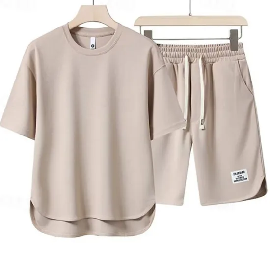 Hot OUKU Men's Workout Set Tracksuit T shirt & Shorts Set Outfit Set Crew Neck Outdoor Daily Sports Pocket Drawstring 2 Piece Plain Black White Apricot Polyester Activewear Classic Casual Summer