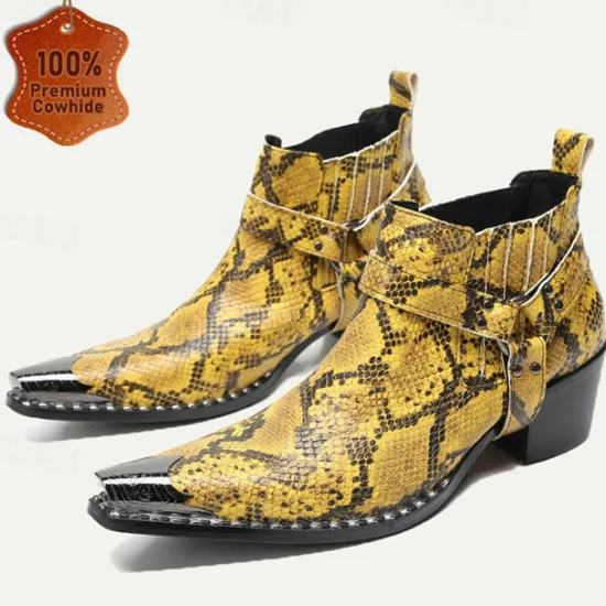 Hot OUKU Men's Snakeskin Leather Motorcycle Boots–Western Style Pointed Toe Ankle Boots with Gold Tip Buckle Straps for Bold Fashion Statements Yellow