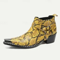 Hot OUKU Men's Snakeskin Leather Motorcycle Boots–Western Style Pointed Toe Ankle Boots with Gold Tip Buckle Straps for Bold Fashion Statements Yellow