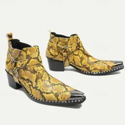Hot OUKU Men's Snakeskin Leather Motorcycle Boots–Western Style Pointed Toe Ankle Boots with Gold Tip Buckle Straps for Bold Fashion Statements Yellow