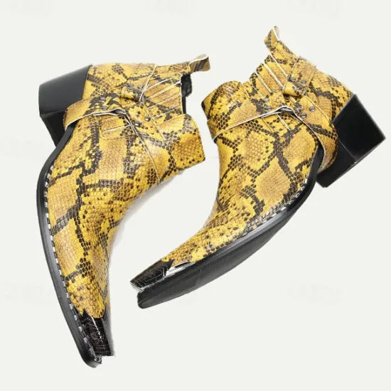 Hot OUKU Men's Snakeskin Leather Motorcycle Boots–Western Style Pointed Toe Ankle Boots with Gold Tip Buckle Straps for Bold Fashion Statements Yellow