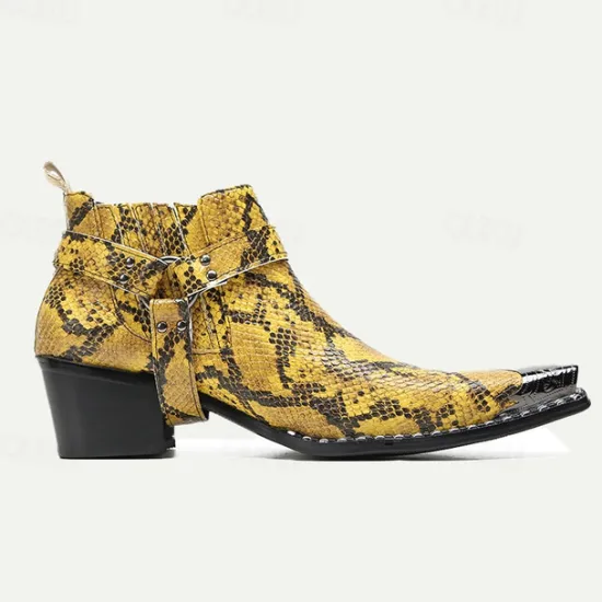 Hot OUKU Men's Snakeskin Leather Motorcycle Boots–Western Style Pointed Toe Ankle Boots with Gold Tip Buckle Straps for Bold Fashion Statements Yellow