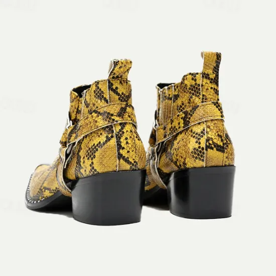 Hot OUKU Men's Snakeskin Leather Motorcycle Boots–Western Style Pointed Toe Ankle Boots with Gold Tip Buckle Straps for Bold Fashion Statements Yellow