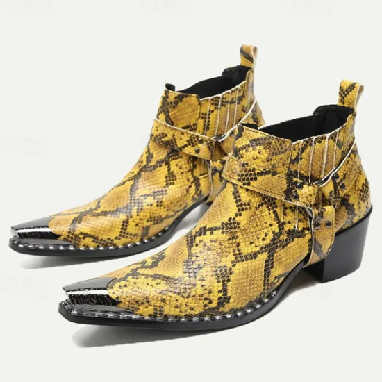Hot OUKU Men's Snakeskin Leather Motorcycle Boots–Western Style Pointed Toe Ankle Boots with Gold Tip Buckle Straps for Bold Fashion Statements Yellow