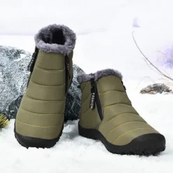 Clearance OUKU Men's Yellow Winter Snow Boots – Waterproof, Fur-Lined, Zipper Closure, Non-Slip Warm Ankle Boots for Cold Weather