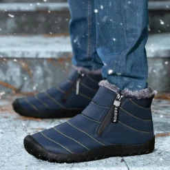 Clearance OUKU Men's Yellow Winter Snow Boots – Waterproof, Fur-Lined, Zipper Closure, Non-Slip Warm Ankle Boots for Cold Weather