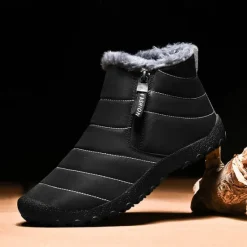 Clearance OUKU Men's Yellow Winter Snow Boots – Waterproof, Fur-Lined, Zipper Closure, Non-Slip Warm Ankle Boots for Cold Weather