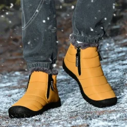 Clearance OUKU Men's Yellow Winter Snow Boots – Waterproof, Fur-Lined, Zipper Closure, Non-Slip Warm Ankle Boots for Cold Weather