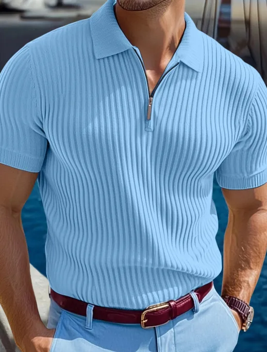 Online OUKU Men's Zip Polo Golf Shirt Vacation Casual Lapel Quarter Zip Short Sleeve Fashion Basic Plain Ribbed Quarter Zip Summer Slim Fit Light Blue White Navy Blue Gray Zip Polo