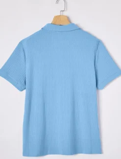 Online OUKU Men's Zip Polo Golf Shirt Vacation Casual Lapel Quarter Zip Short Sleeve Fashion Basic Plain Ribbed Quarter Zip Summer Slim Fit Light Blue White Navy Blue Gray Zip Polo