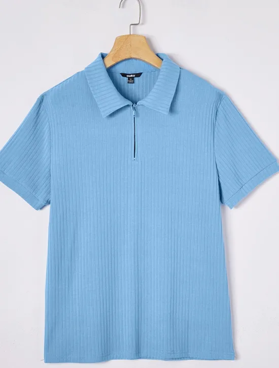Online OUKU Men's Zip Polo Golf Shirt Vacation Casual Lapel Quarter Zip Short Sleeve Fashion Basic Plain Ribbed Quarter Zip Summer Slim Fit Light Blue White Navy Blue Gray Zip Polo