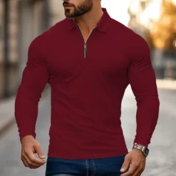 Online OUKU Men's Zip Polo Golf Shirt Work Casual Lapel Long Sleeve Basic Modern Plain Zipper Spring & Fall Regular Fit Navy-blue Black White Red Light Grey Zip Polo
