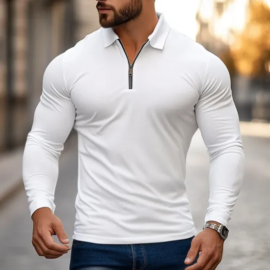 Online OUKU Men's Zip Polo Golf Shirt Work Casual Lapel Long Sleeve Basic Modern Plain Zipper Spring & Fall Regular Fit Navy-blue Black White Red Light Grey Zip Polo