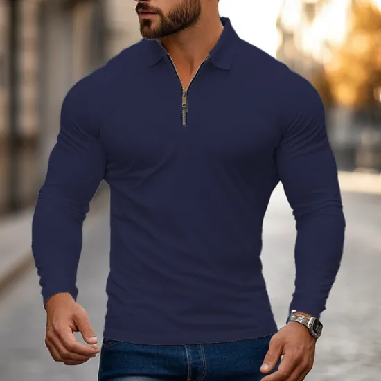 Online OUKU Men's Zip Polo Golf Shirt Work Casual Lapel Long Sleeve Basic Modern Plain Zipper Spring & Fall Regular Fit Navy-blue Black White Red Light Grey Zip Polo