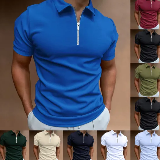 OUKU Men's Zip Polo Golf Shirt Vacation Casual Quarter Zip Short Sleeve Fashion Solid Color Plain Classic Summer Regular Fit Black White Navy Blue Royal Blue Pale Blue Zip Polo